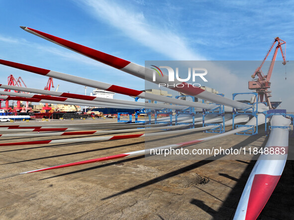 A large number of wind power generation equipment is ready to be shipped for export at the terminal of Oriental Port Branch of Lianyungang P...