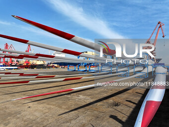 A large number of wind power generation equipment is ready to be shipped for export at the terminal of Oriental Port Branch of Lianyungang P...