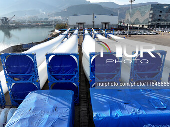 A large number of wind power generation equipment is ready to be shipped for export at the terminal of Oriental Port Branch of Lianyungang P...