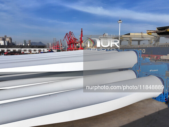 A large number of wind power generation equipment is ready to be shipped for export at the terminal of Oriental Port Branch of Lianyungang P...