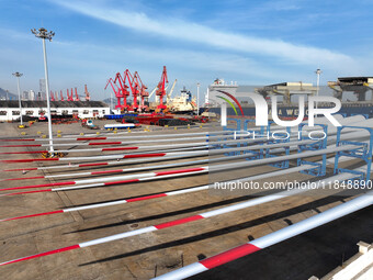 A large number of wind power generation equipment is ready to be shipped for export at the terminal of Oriental Port Branch of Lianyungang P...