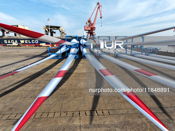 A large number of wind power generation equipment is ready to be shipped for export at the terminal of Oriental Port Branch of Lianyungang P...