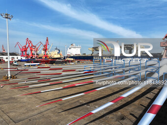 A large number of wind power generation equipment is ready to be shipped for export at the terminal of Oriental Port Branch of Lianyungang P...