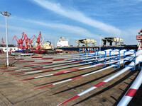 A large number of wind power generation equipment is ready to be shipped for export at the terminal of Oriental Port Branch of Lianyungang P...