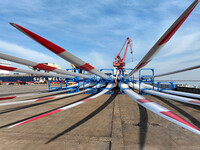 A large number of wind power generation equipment is ready to be shipped for export at the terminal of Oriental Port Branch of Lianyungang P...