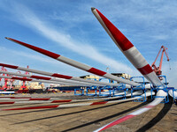 A large number of wind power generation equipment is ready to be shipped for export at the terminal of Oriental Port Branch of Lianyungang P...