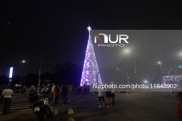 People admire the Ibirapuera Christmas tree in Sao Paulo, Brazil, on December 8, 2024. The tree's steel structure measures 18.5 meters in di...