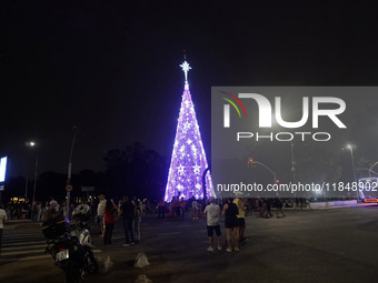 People admire the Ibirapuera Christmas tree in Sao Paulo, Brazil, on December 8, 2024. The tree's steel structure measures 18.5 meters in di...