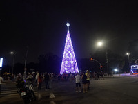 People admire the Ibirapuera Christmas tree in Sao Paulo, Brazil, on December 8, 2024. The tree's steel structure measures 18.5 meters in di...