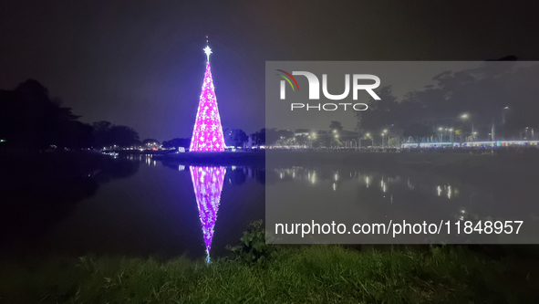 People admire the Ibirapuera Christmas tree in Sao Paulo, Brazil, on December 8, 2024. The tree's steel structure measures 18.5 meters in di...