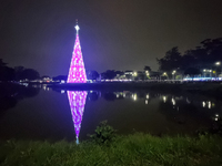 People admire the Ibirapuera Christmas tree in Sao Paulo, Brazil, on December 8, 2024. The tree's steel structure measures 18.5 meters in di...