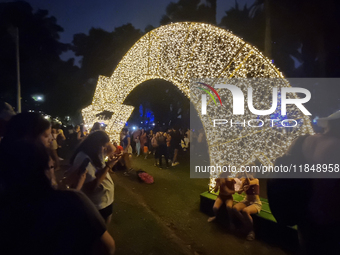 People admire the Ibirapuera Christmas tree in Sao Paulo, Brazil, on December 8, 2024. The tree's steel structure measures 18.5 meters in di...