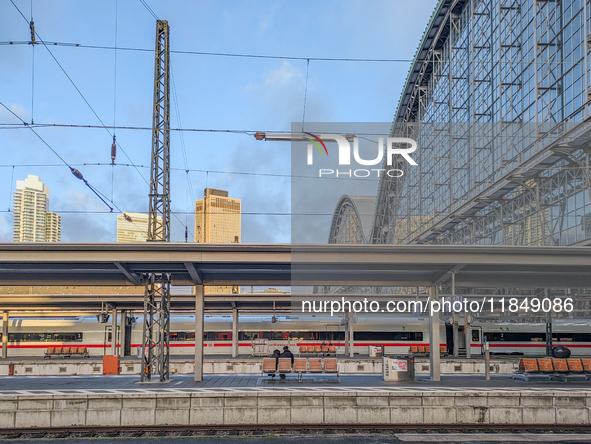 An ICE (Intercity-Express) train stands on the platform at Frankfurt am Main Central Station in Hesse, Germany, on January 1, 2024, at 9:00...