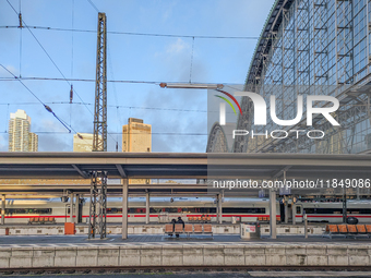 An ICE (Intercity-Express) train stands on the platform at Frankfurt am Main Central Station in Hesse, Germany, on January 1, 2024, at 9:00...