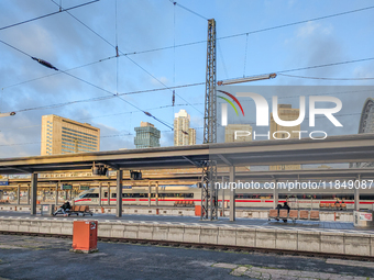 An ICE (Intercity-Express) train stands on the platform at Frankfurt am Main Central Station in Hesse, Germany, on January 1, 2024, at 9:00...