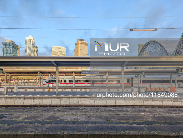 An ICE (Intercity-Express) train stands on the platform at Frankfurt am Main Central Station in Hesse, Germany, on January 1, 2024, at 9:00...