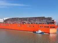 The NGUYA FLNG ship, China's first large floating natural gas liquefaction plant, sails on the Taicang section of the Yangtze River in Suzho...