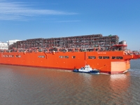 The NGUYA FLNG ship, China's first large floating natural gas liquefaction plant, sails on the Taicang section of the Yangtze River in Suzho...