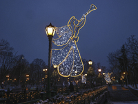 Angels with trumpets decorate lampposts during the Christmas season in Kharkiv, Ukraine, on December 7, 2024. (