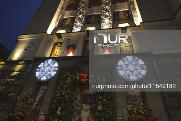 Christmas decorations and lights adorn the streets of Kharkiv, Ukraine, on December 7, 2024. 