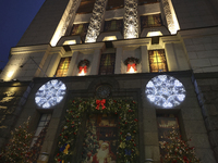 Christmas decorations and lights adorn the streets of Kharkiv, Ukraine, on December 7, 2024. (