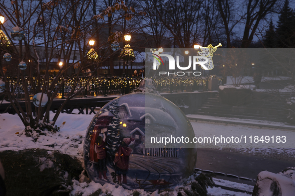 Christmas decorations and lights adorn the streets of Kharkiv, Ukraine, on December 7, 2024. 