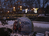 Christmas decorations and lights adorn the streets of Kharkiv, Ukraine, on December 7, 2024. (