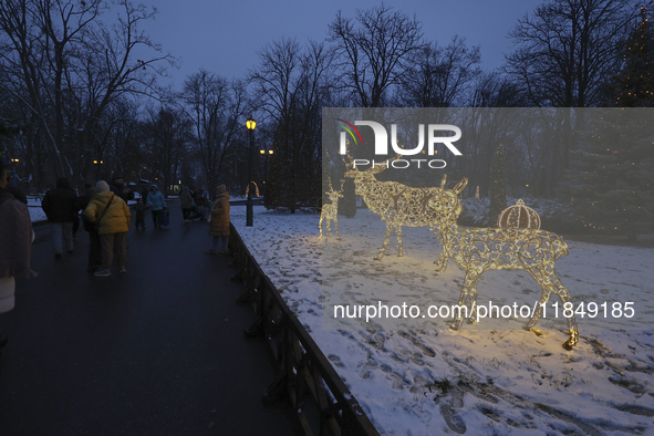 Deer-shaped installations are on the lawn during the Christmas season in Kharkiv, Ukraine, on December 7, 2024. NO USE RUSSIA. NO USE BELARU...