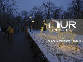 Deer-shaped installations are on the lawn during the Christmas season in Kharkiv, Ukraine, on December 7, 2024. NO USE RUSSIA. NO USE BELARU...