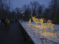 Deer-shaped installations are on the lawn during the Christmas season in Kharkiv, Ukraine, on December 7, 2024. NO USE RUSSIA. NO USE BELARU...