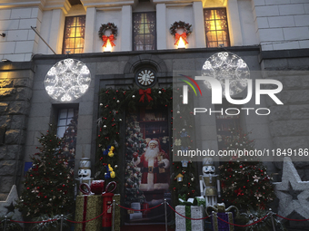 Christmas decorations and lights adorn the streets of Kharkiv, Ukraine, on December 7, 2024. (