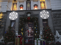 Christmas decorations and lights adorn the streets of Kharkiv, Ukraine, on December 7, 2024. (