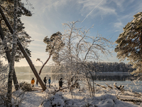 People enjoy a cold winter day at Lakes Osterseen in Iffeldorf, Bavaria, Germany, on January 14, 2024. Osterseen is a group of lakes in Bava...