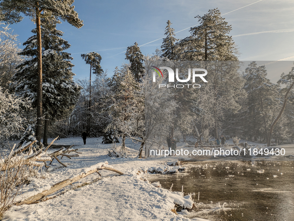 People enjoy a cold winter day at Lakes Osterseen in Iffeldorf, Bavaria, Germany, on January 14, 2024. Osterseen is a group of lakes in Bava...