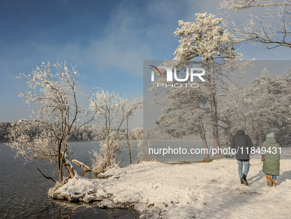 People enjoy a cold winter day at Lakes Osterseen in Iffeldorf, Bavaria, Germany, on January 14, 2024. Osterseen is a group of lakes in Bava...