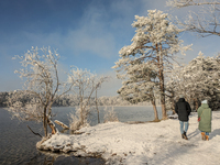 People enjoy a cold winter day at Lakes Osterseen in Iffeldorf, Bavaria, Germany, on January 14, 2024. Osterseen is a group of lakes in Bava...