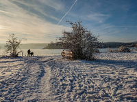 People enjoy a cold winter day at Lakes Osterseen in Iffeldorf, Bavaria, Germany, on January 14, 2024. Osterseen is a group of lakes in Bava...