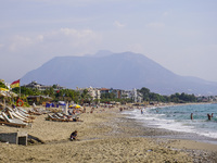 A wide sandy beach on the Mediterranean Sea is seen in Alanya, Turkey, on November 5, 2024 (