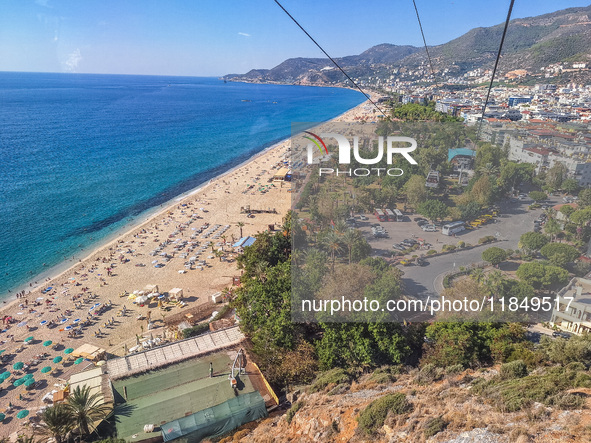 A wide sandy beach on the Mediterranean Sea is seen in Alanya, Turkey, on November 5, 2024 