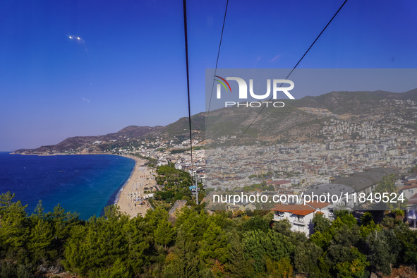 A wide sandy beach on the Mediterranean Sea is seen in Alanya, Turkey, on November 5, 2024 