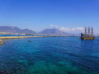 A view of the Mediterranean coast with mountains in the background is seen in Alanya, Turkey, on November 5, 2024. (