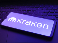 The logo of the cryptocurrency exchange Kraken appears on the screen of a smartphone in Reno, United States, on December 9, 2024. (