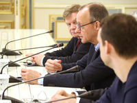 German Chancellor candidate and leader of the Christian Democratic Union, Friedrich Merz, attends a meeting with President of Ukraine Volody...