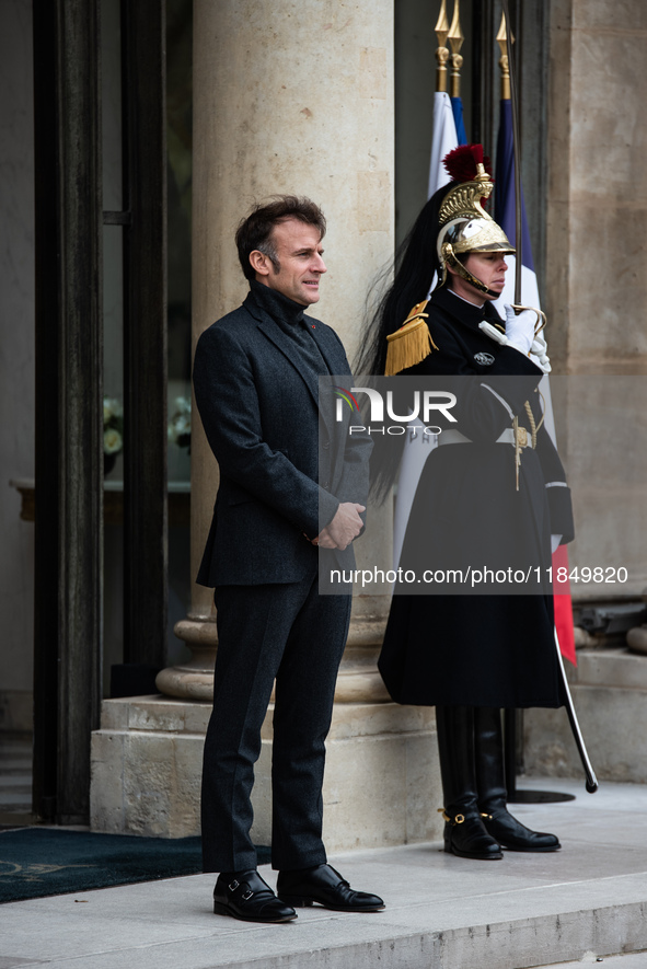 French President Emmanuel Macron receives the President of Guinea Bissau, Umaro Sissoco Embalo, at the Elysee Palace in Paris, France, on De...