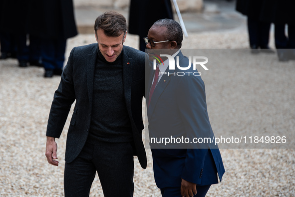 French President Emmanuel Macron receives the President of Guinea Bissau, Umaro Sissoco Embalo, at the Elysee Palace in Paris, France, on De...