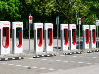 Tesla charging stations for electric cars are in Munich, Bavaria, Germany, on May 15, 2022. With its Superchargers, Tesla owns and operates...