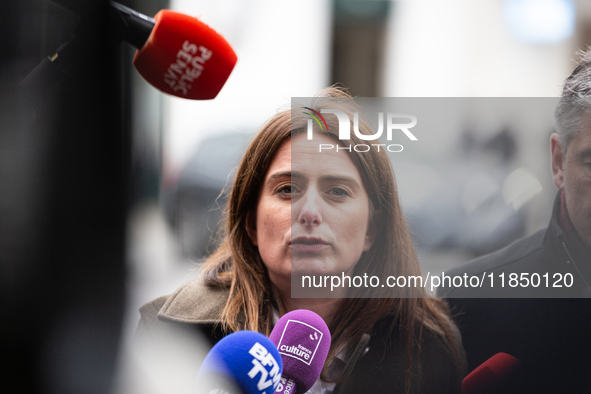 Marine Tondelier, National Secretary of Les Ecologistes group, talks to the press after the meeting with Emmanuel Macron at the Elysee Palac...