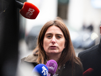 Marine Tondelier, National Secretary of Les Ecologistes group, talks to the press after the meeting with Emmanuel Macron at the Elysee Palac...