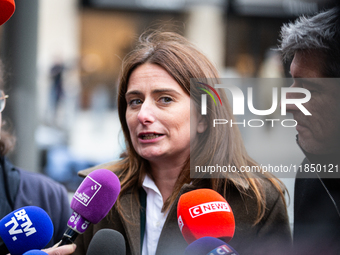 Marine Tondelier, National Secretary of Les Ecologistes group, talks to the press after the meeting with Emmanuel Macron at the Elysee Palac...