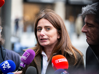 Marine Tondelier, National Secretary of Les Ecologistes group, talks to the press after the meeting with Emmanuel Macron at the Elysee Palac...